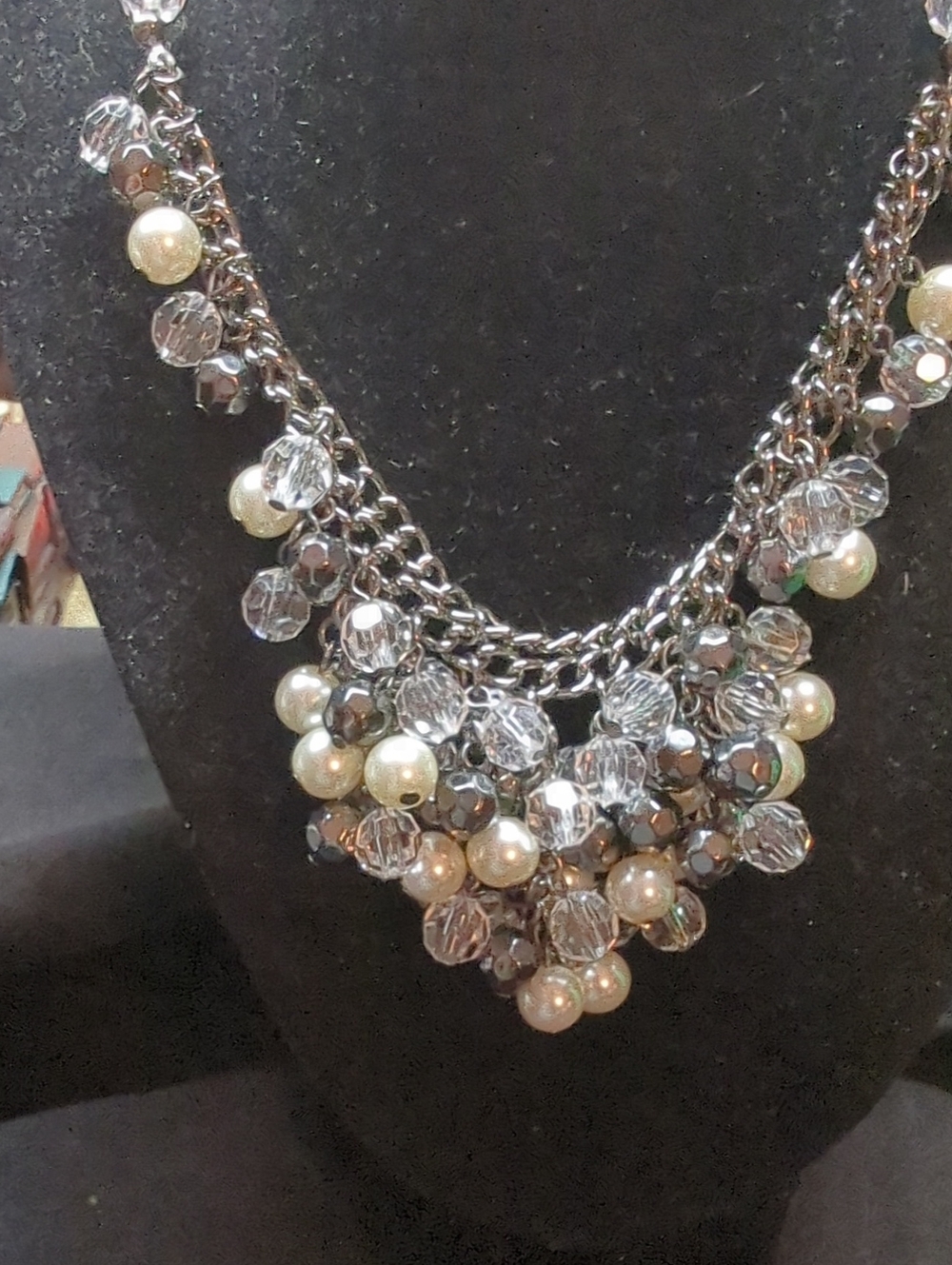 Silver Pearl & Crystal Cluster Necklace - Women's Jewelry